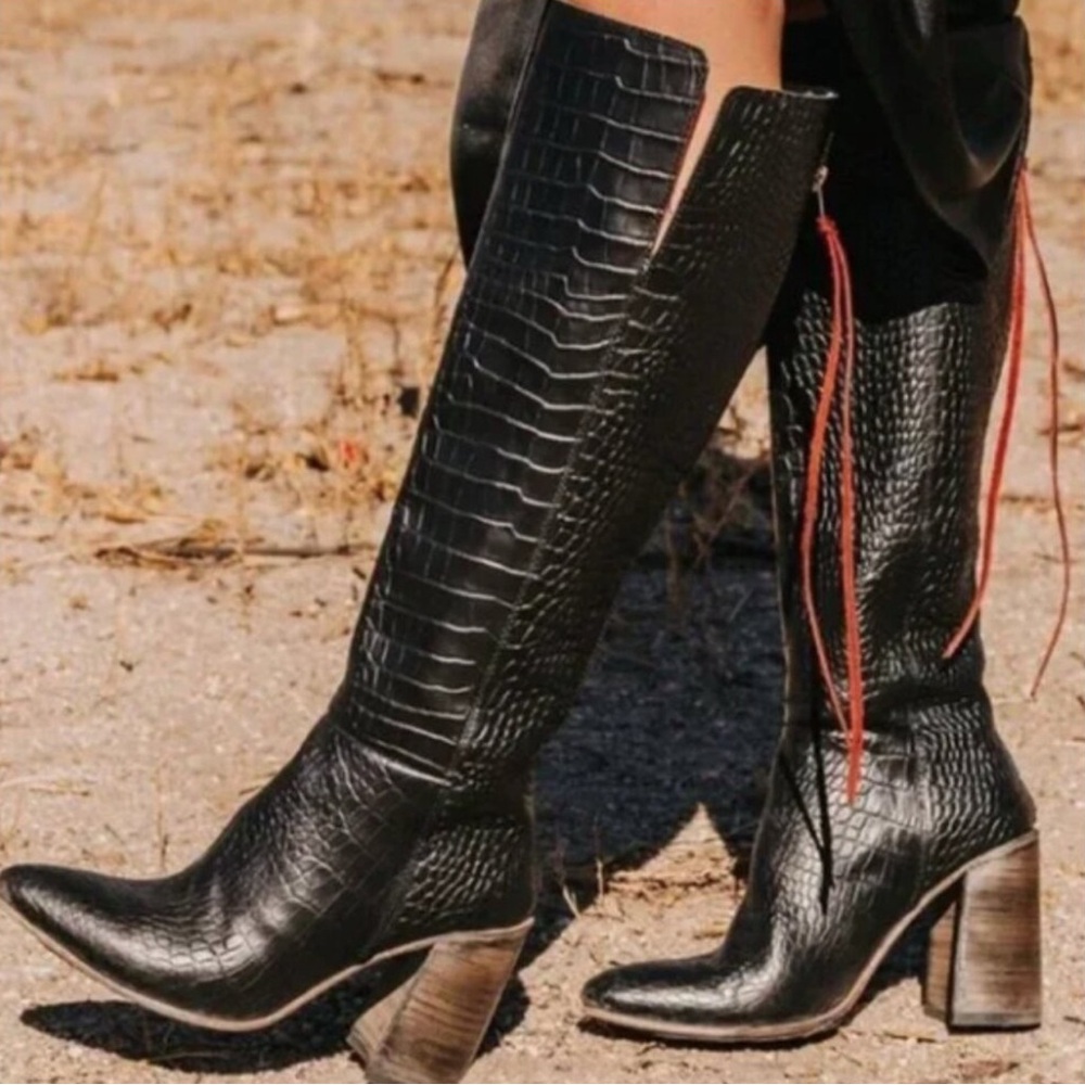 Black Crocodile-Embossed Knee-High Boots